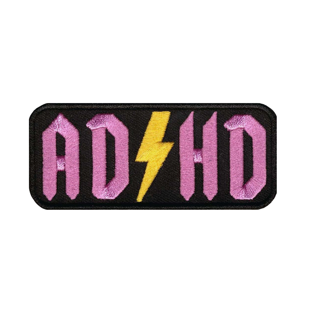 Brodeerattu haalarimerkki, ADHD.