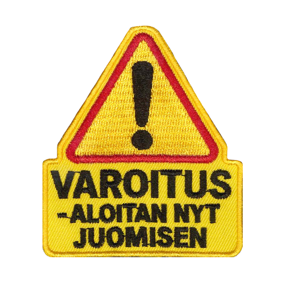Brodeerattu haalarimerkki, varoituskolmio.