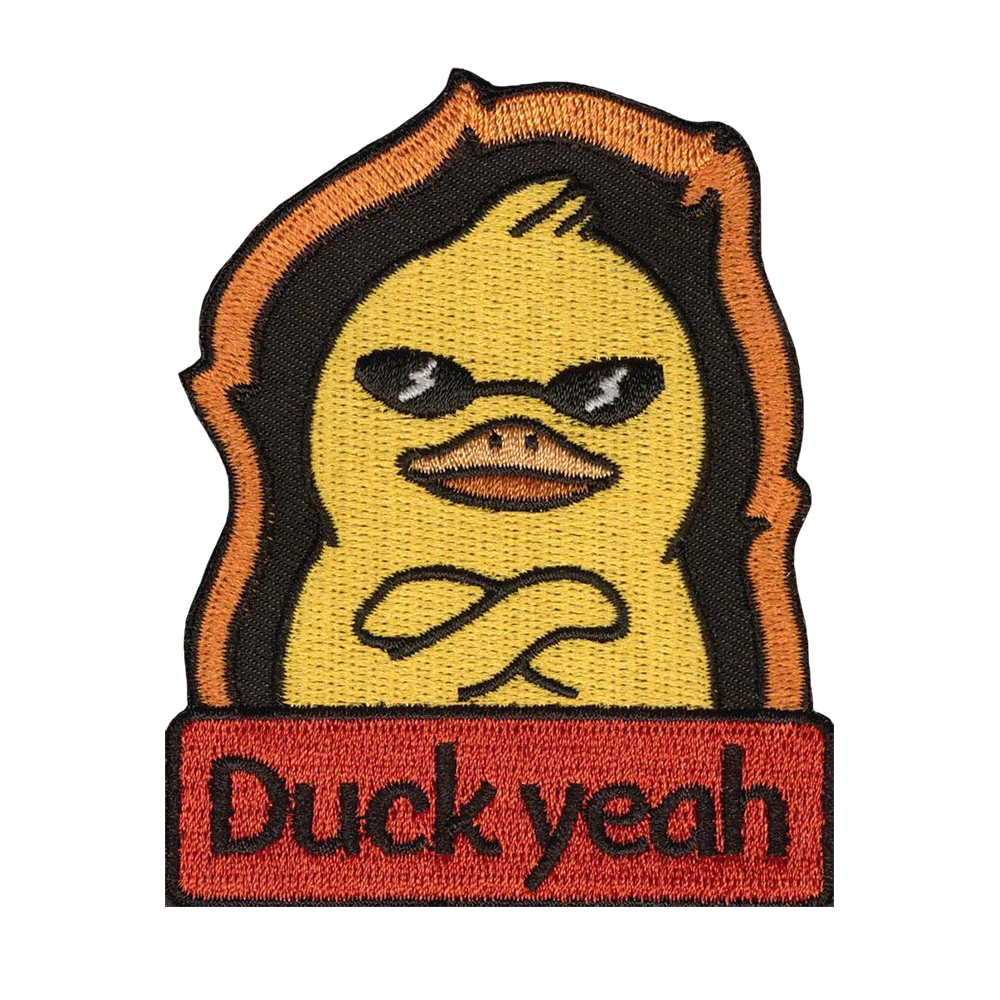 Brodeerattu kangasmerkki, teksti: Duck yeah.