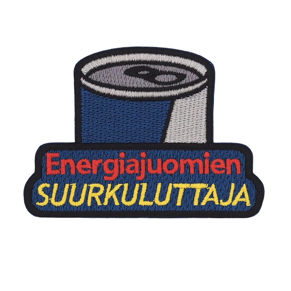 Brodeerattu haalarimerkki, energiajuoma, teksti: Energiajuomien suurkuluttaja.