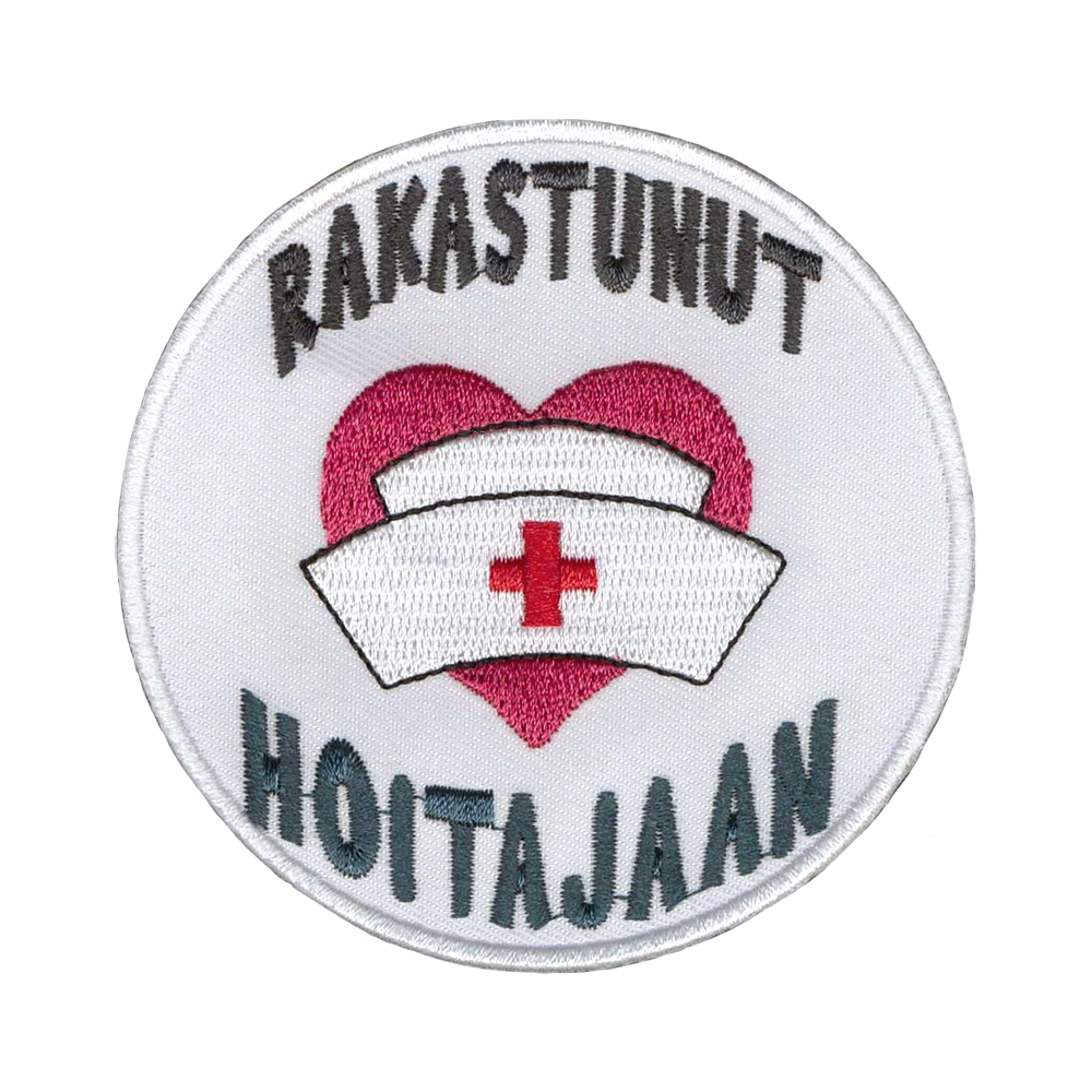 Brodeerattu kangasmerkki, teksti: Rakastunut hoitajaan.