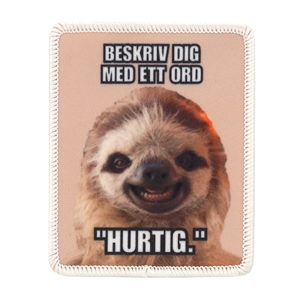 Painettu kangasmerkki, laiskiainen.