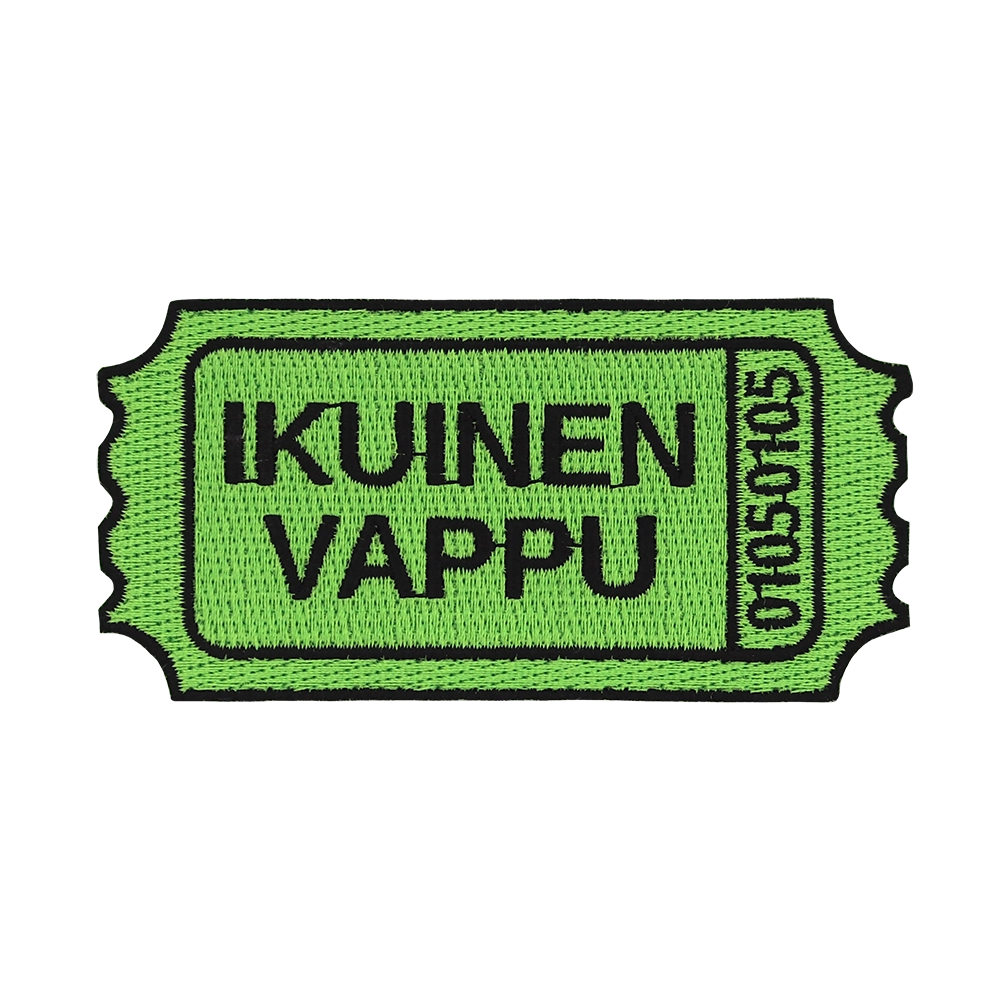 Brodeerattu haalarimerkki, lippu, teksti: Ikuinen vappu.