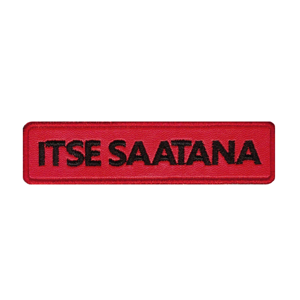 Nahkamerkki, punainen, teksti: Itse saatana.