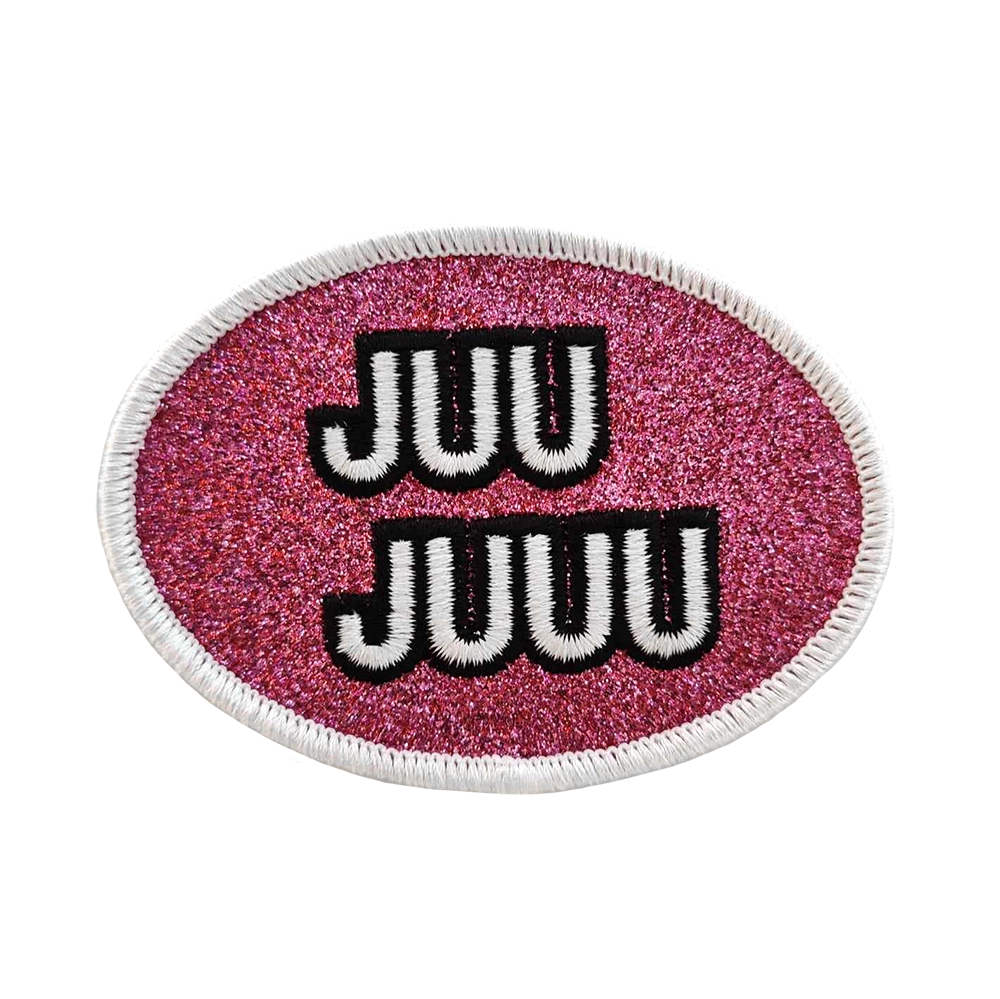 Glittermerkki tekstillä Juu juuu. Merkattu.fi - haalarimerkit