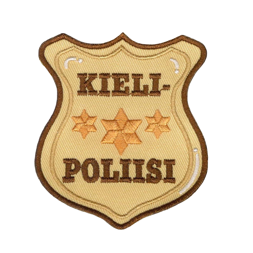 Brodeerattu kangasmerkki, kielipoliisi.