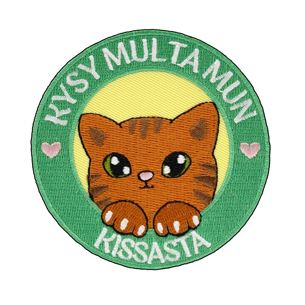 Brodeerattu merkki tekstillä Kysy multa mun kissasta