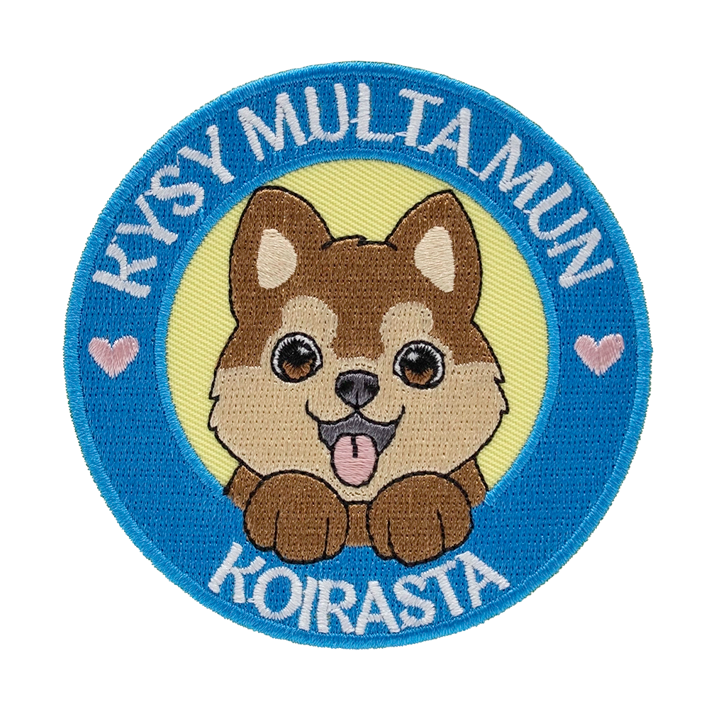 Brodeerattu haalarimerkki, koira.
