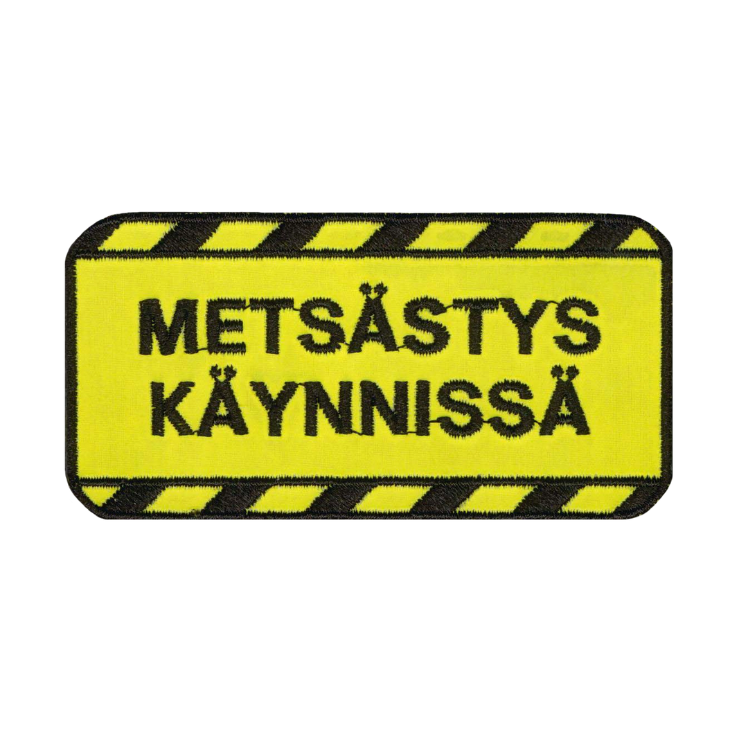 Brodeerattu heijastava merkki, teksti: Metsästys käynnissä.