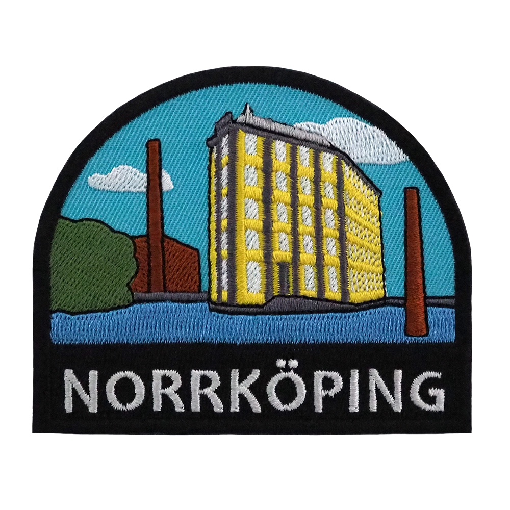 Brodeerattu kangasmerkki, Norrköping.