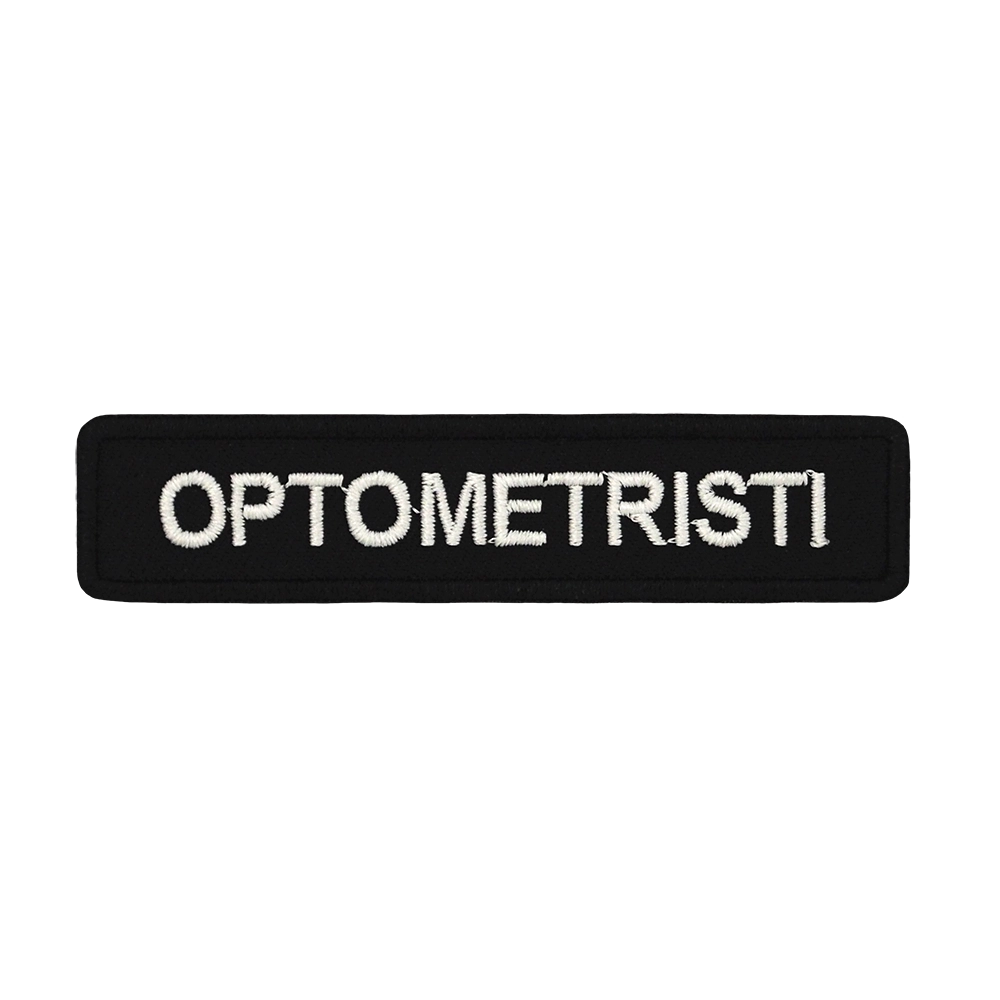 Brodeerattu haalarimerkki, teksti: Optometristi.