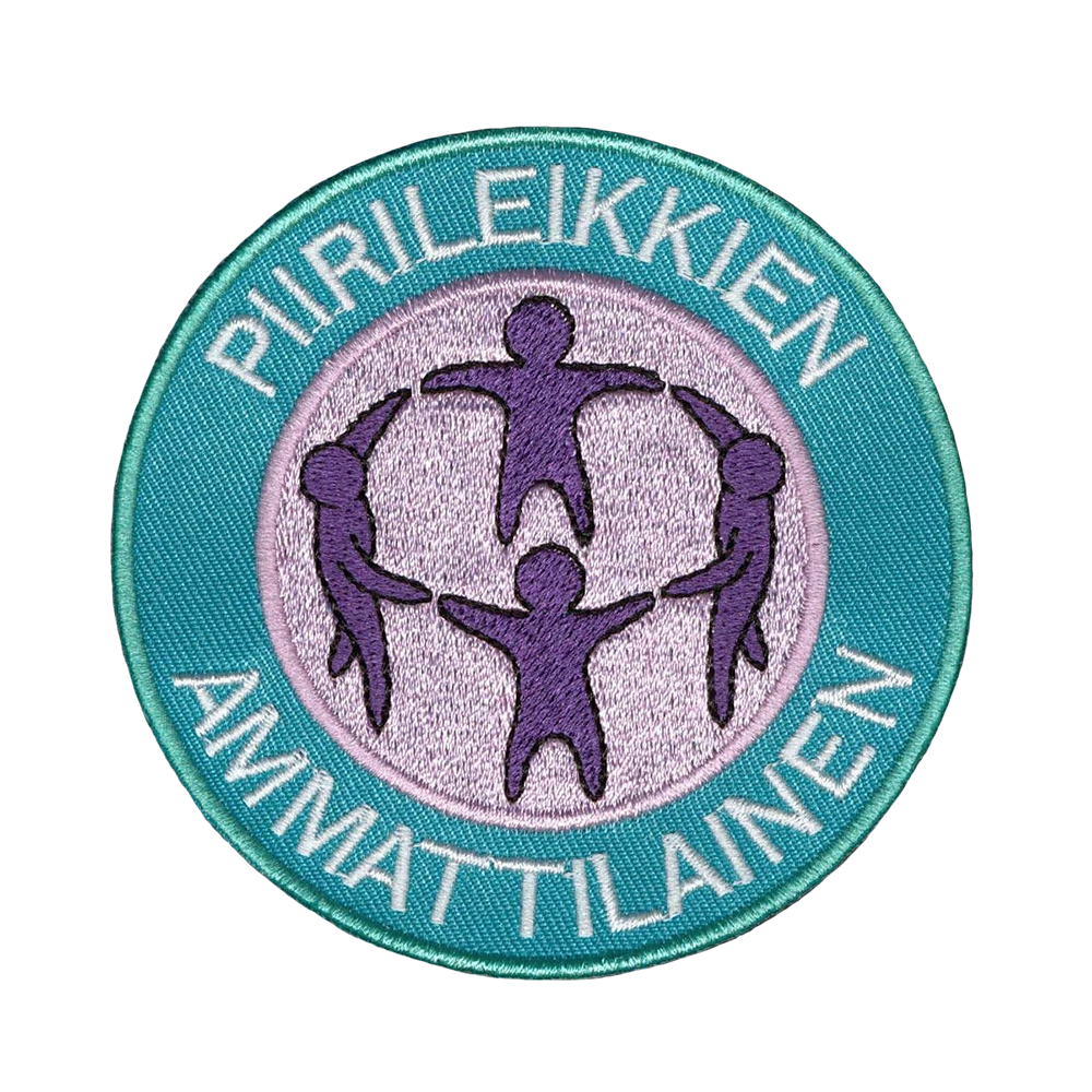Brodeerattu kangasmerkki, teksti: Piirileikkien ammattilainen.