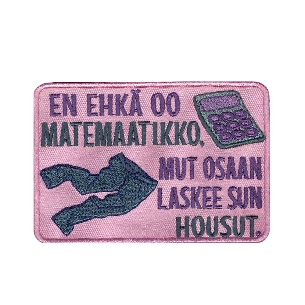 Brodeerattu haalarimerkki, housut, laskin.