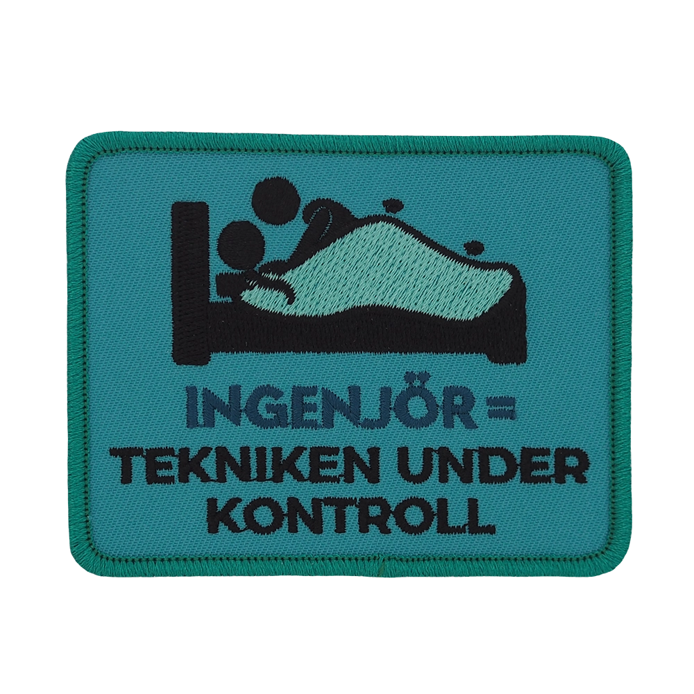 Brodeerattu haalarimerkki, teksti: Ingengör, tekniken under kontroll.