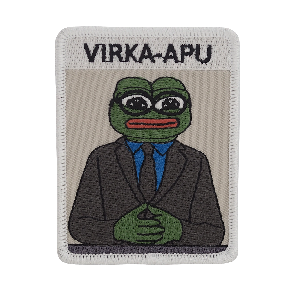 Brodeerattu Apustaja-kangasmerkki, teksti: Virka-apu.