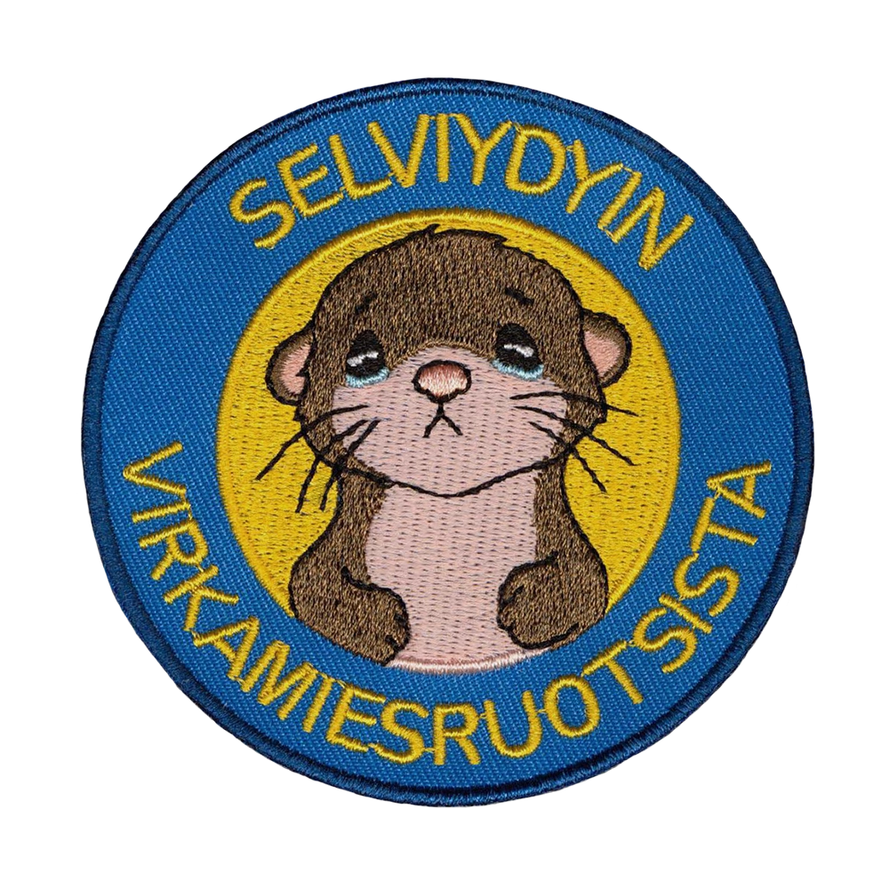Brodeerattu kangasmerkki, eläin, teksti: selviydyin virkamiesruotsista.