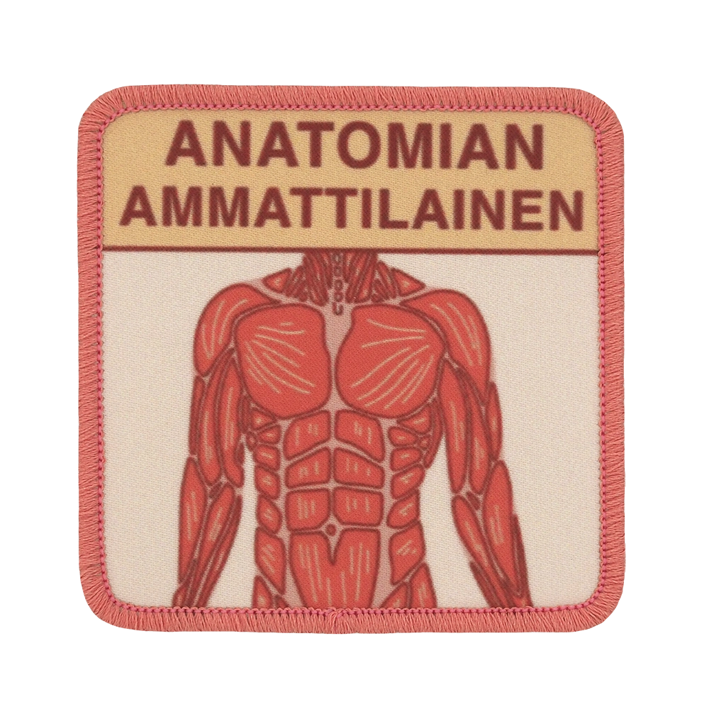 Haalarimerkki ihmisen ylävartalon lihaksista, teksti: Anatomian ammattilainen. 