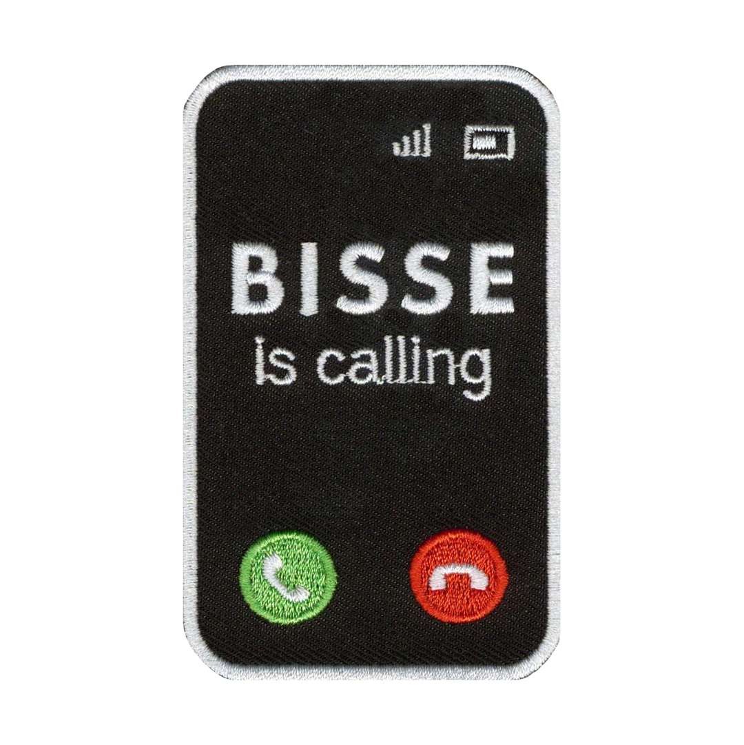 Brodeerattu kangasmerkki, bisse is calling.