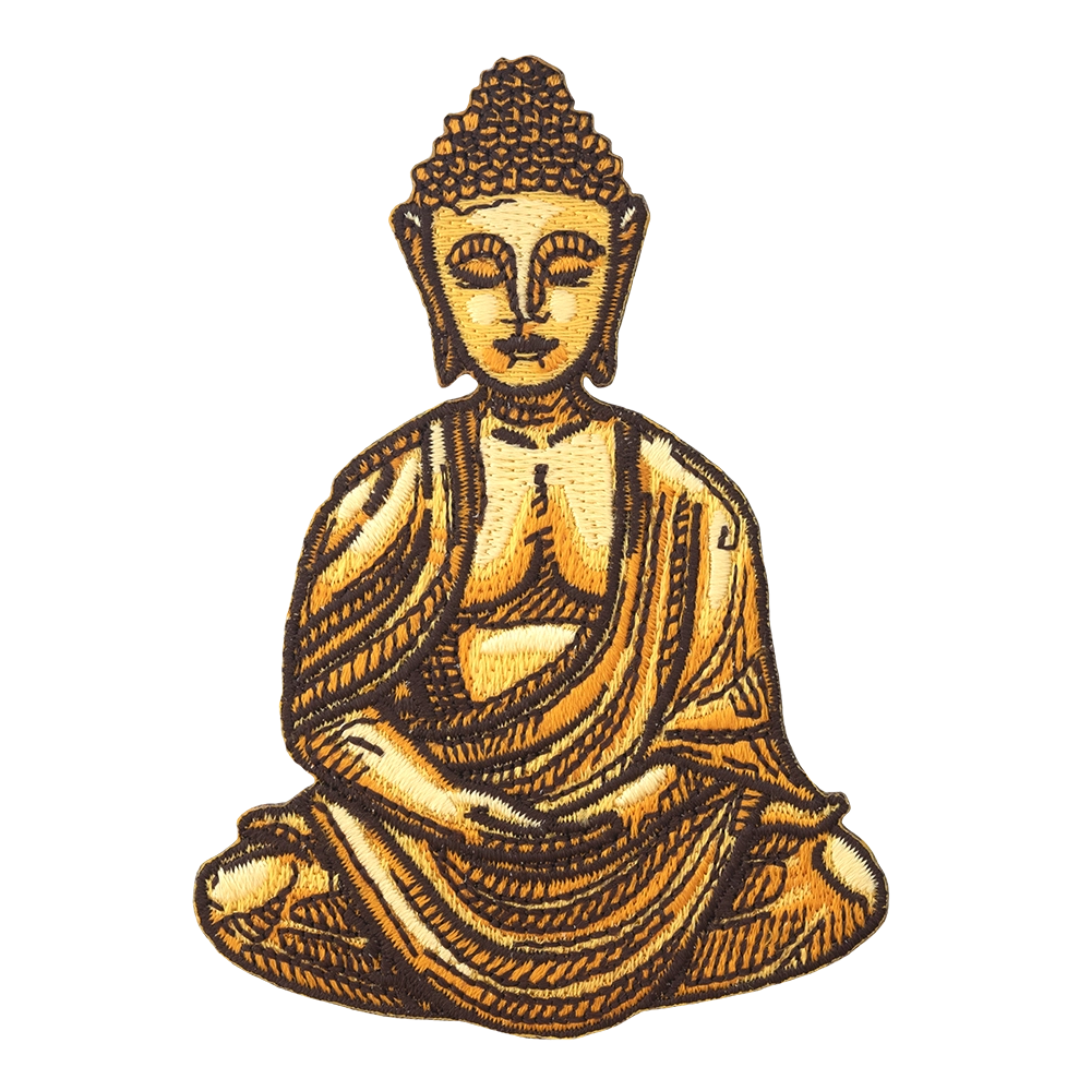 Brodeerattu Buddha-aiheinen haalarimerkki, keltaisen ja ruskean sävyinen.