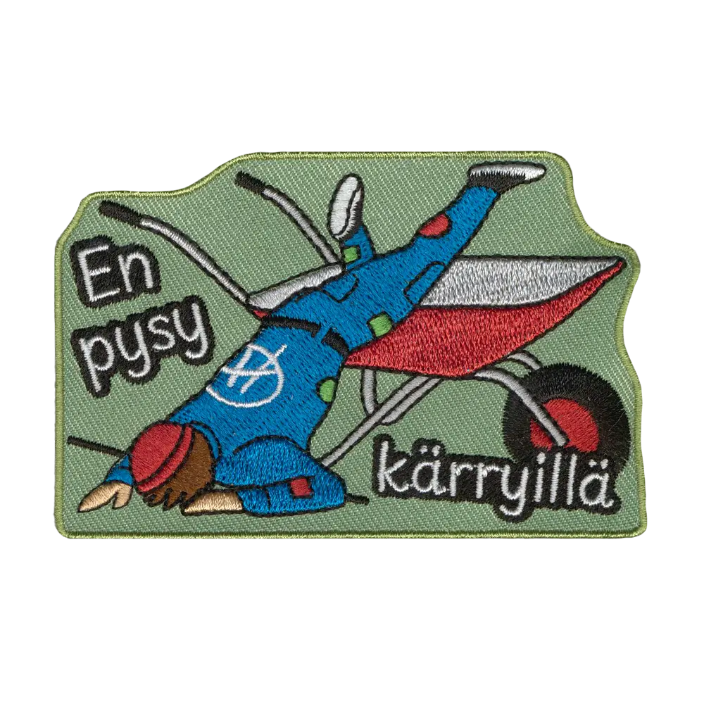 Brodeerattu merkki, opiskelija tippuu kärryiltä.