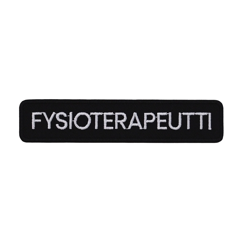 Brodeerattu haalarimerkki, fysioterapeutti.