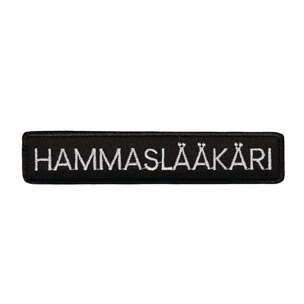 Brodeerattu haalarimerkki, hammaslääkäri.