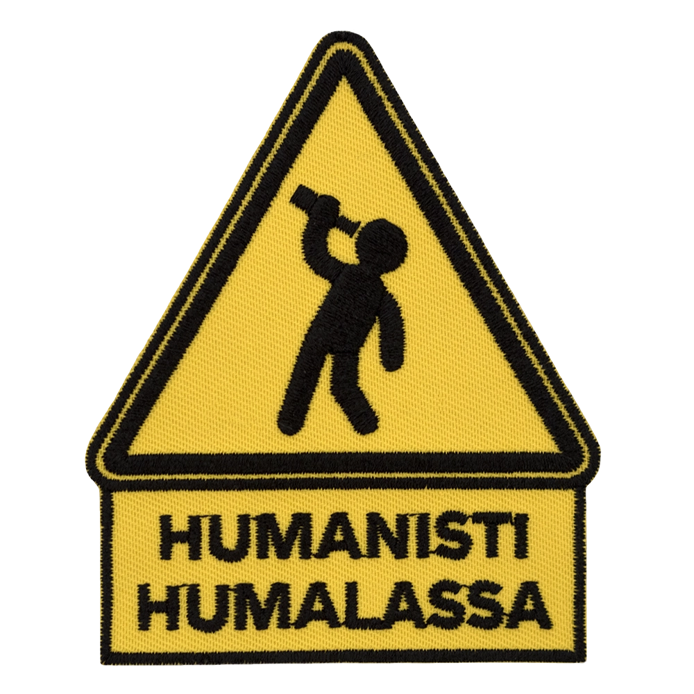 Brodeerattu haalarimerkki, liikennemerkki, teksti: Humanisti humalassa.