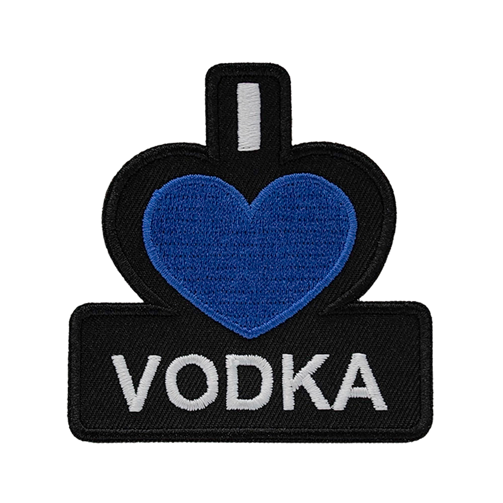 Brodeerattu kangasmerkki, I love vodka.