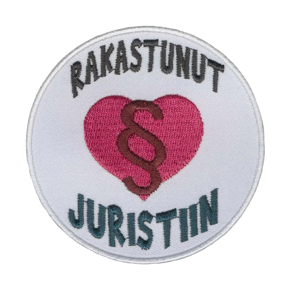 Brodeerattu kangasmerkki, rakastunut juristiin.