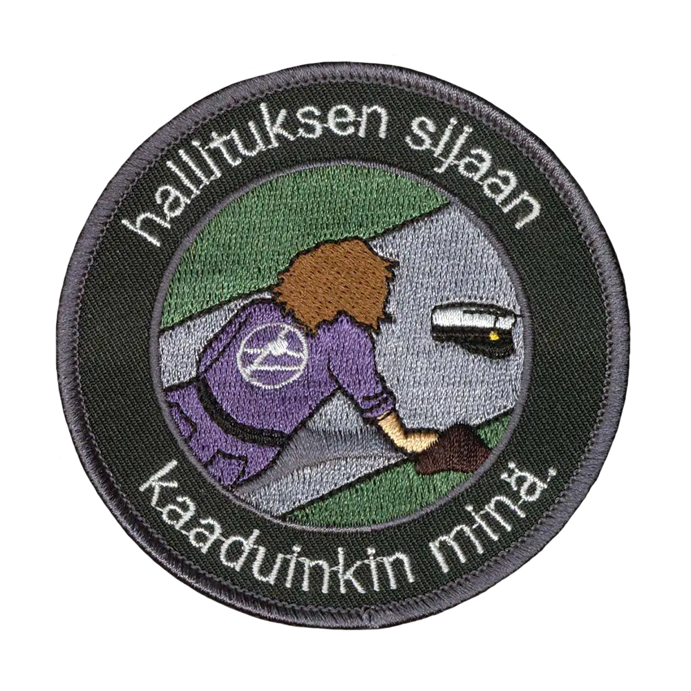 Brodeerattu kangasmerkki.