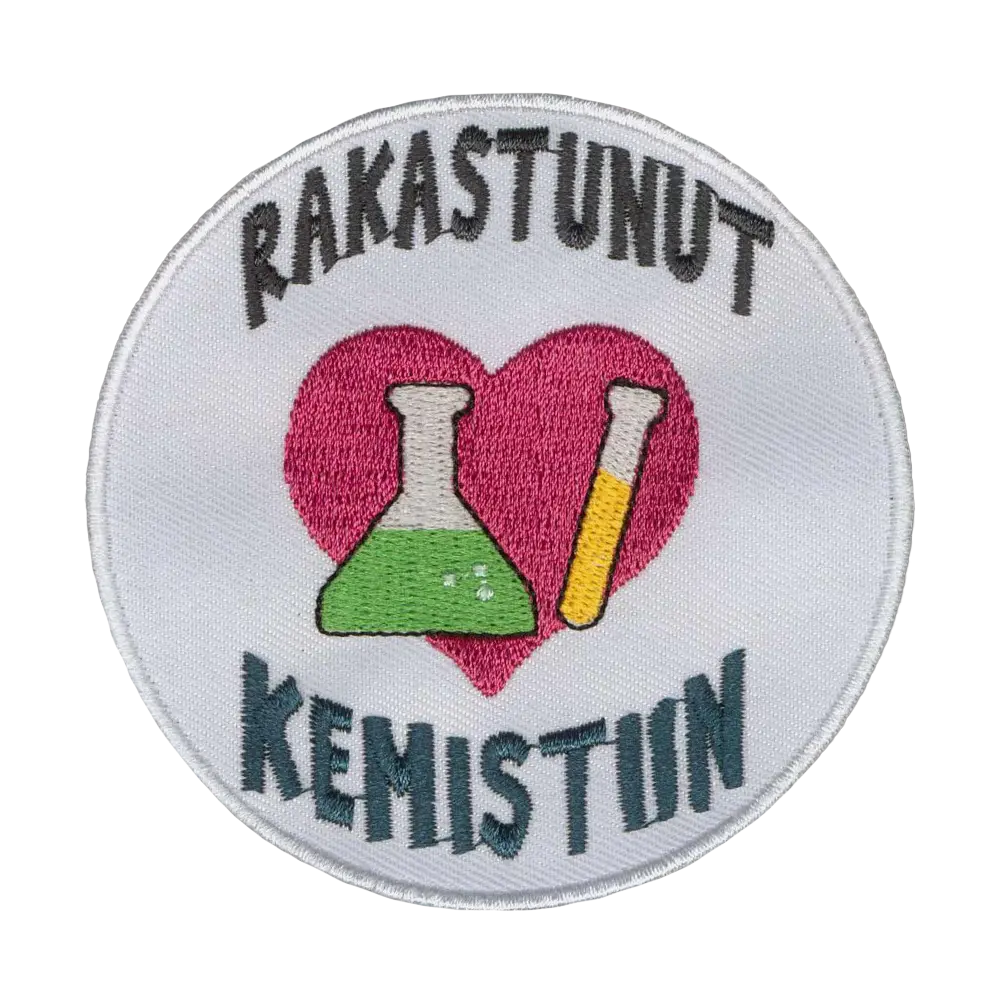 Brodeerattu kangasmerkki, rakastunut kemistiin.