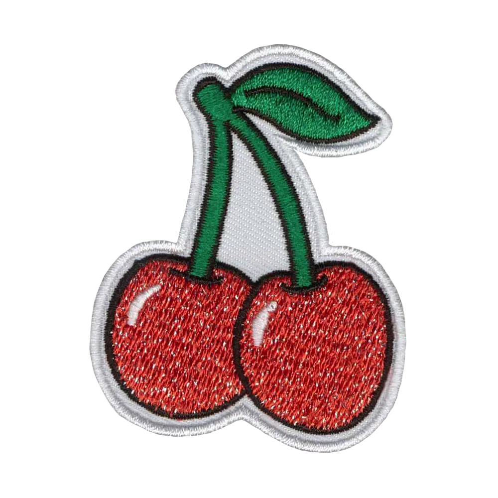 Brodeerattu kangasmerkki, kimaltavat kirsikat.