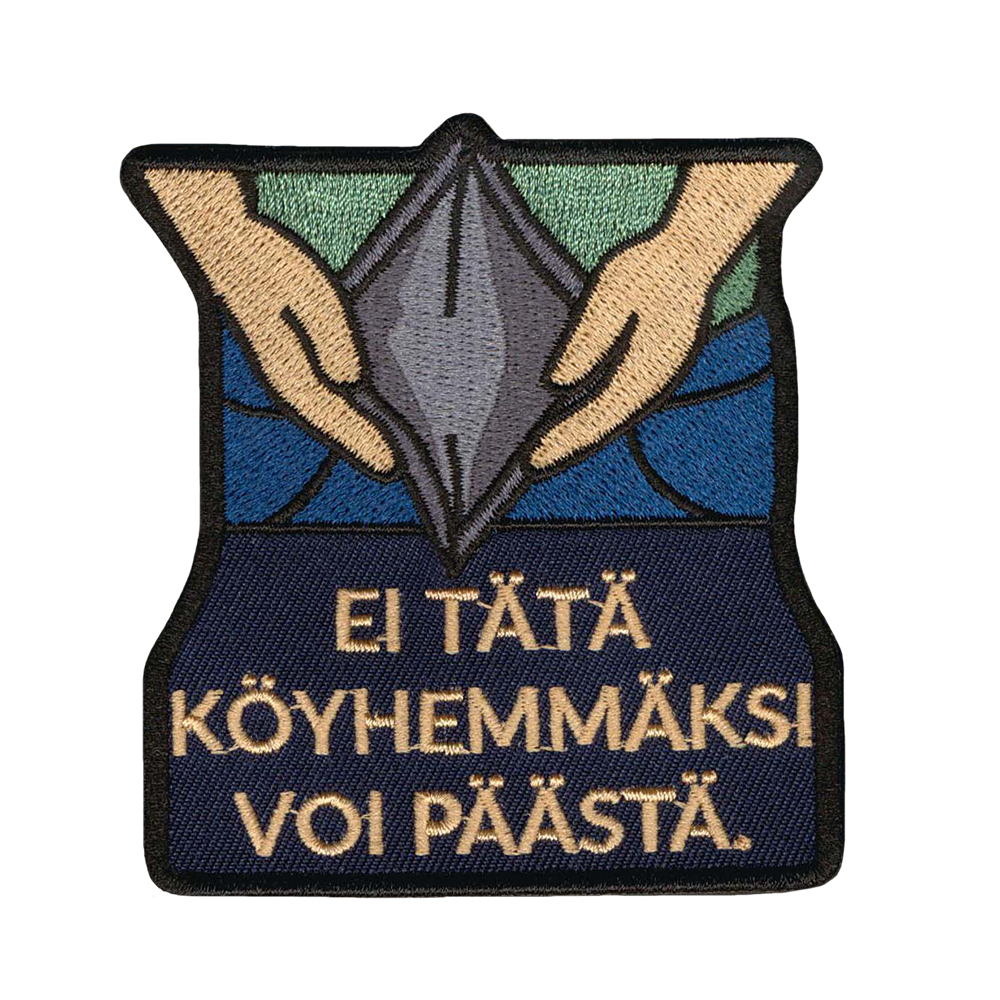 Brodeerattu kangasmerkki, lompakko, teksti: Ei tätä köyhemmäksi voi päästä.
