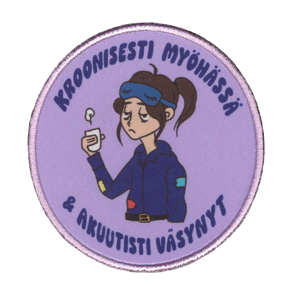 Painettu haalarimerkki, väsynyt opiskelija.