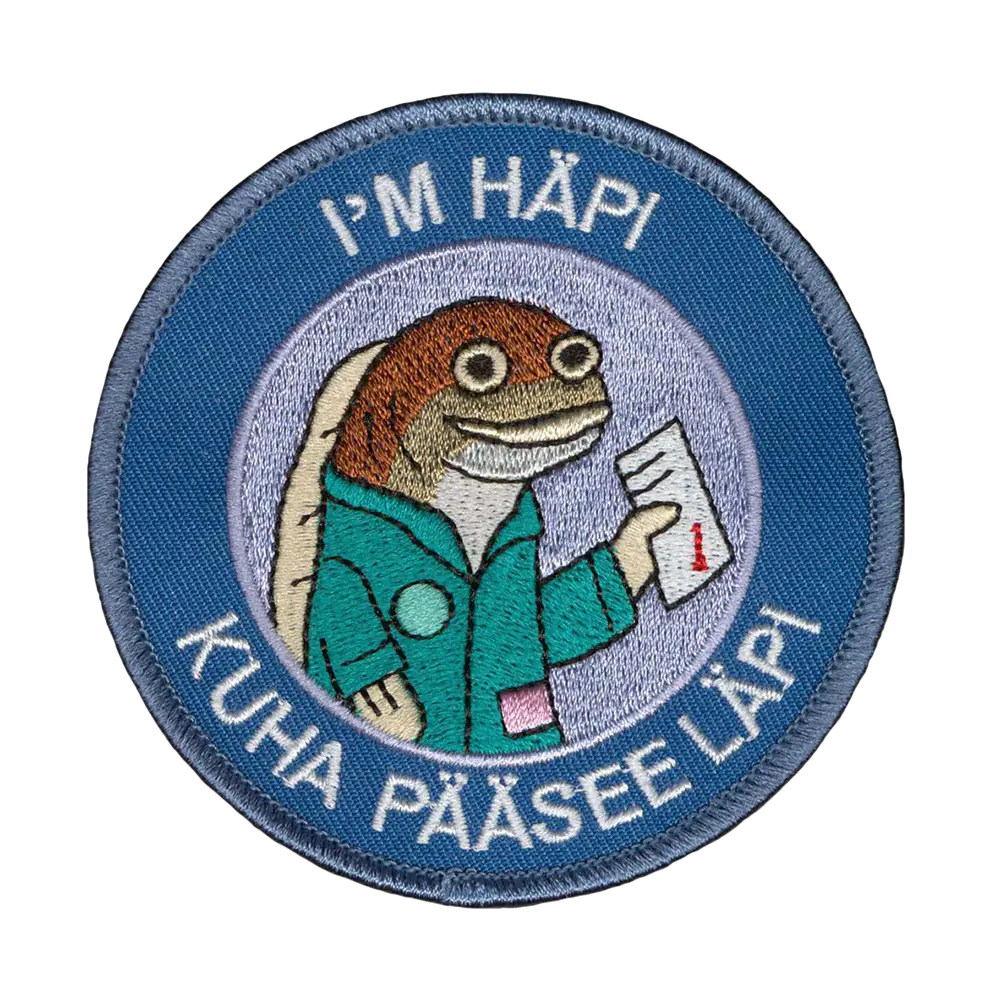 Brodeerattu kangasmerkki, kuha pääsee läpi.