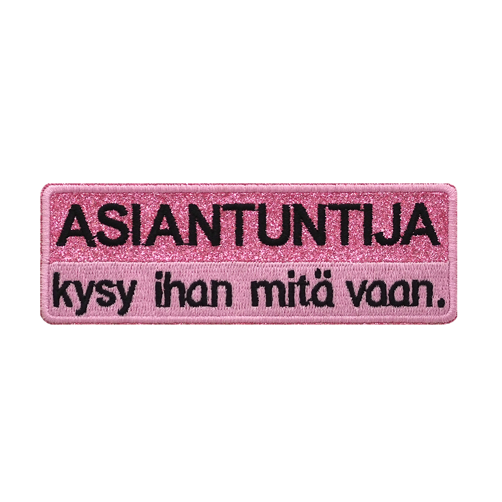 Brodeerattu kangasmerkki, glitterkangas.