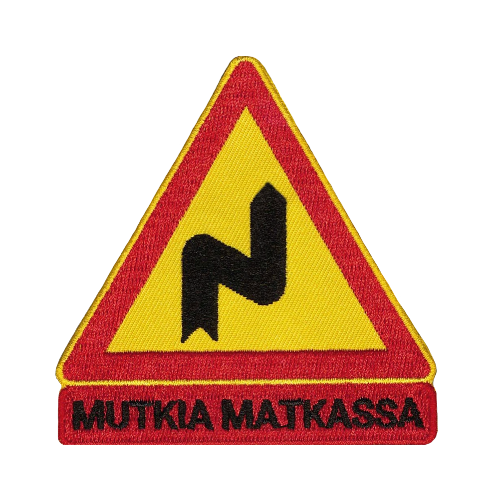 Brodeerattu haalarimerkki, teksti: Mutkia matkassa.