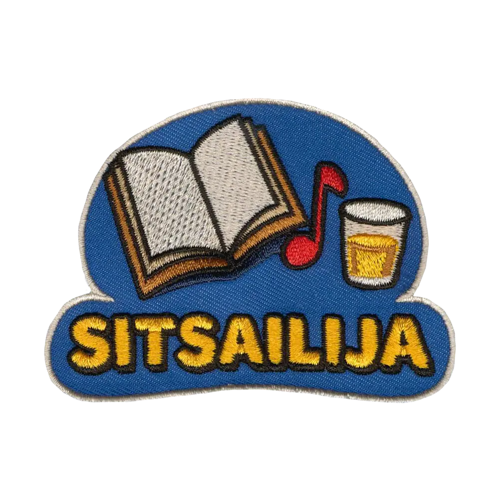 Brodeerattu kangasmerkki, sitsailija.