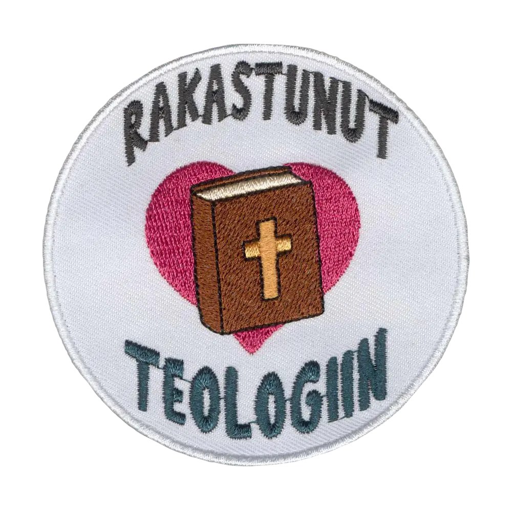 Brodeerattu kangasmerkki, rakastunut teologiin.