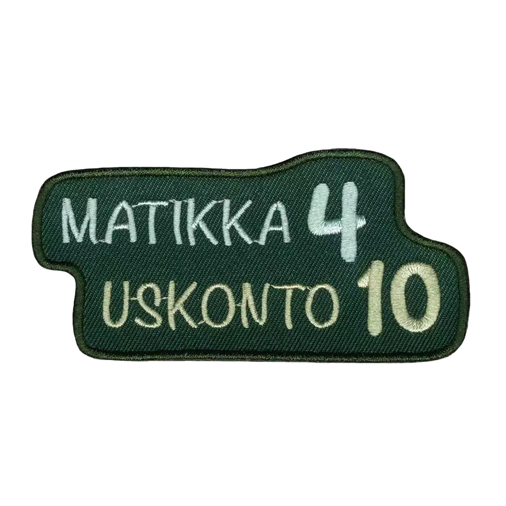 Brodeerattu kangasmerkki.