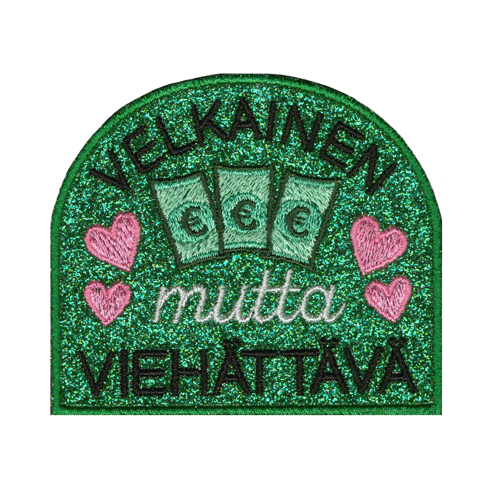 Brodeerattu kangasmerkki, glitterkangas.