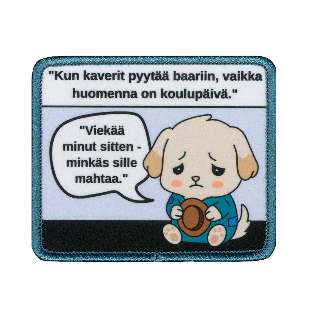 Painettu kangasmerkki, koira, opiskelija.