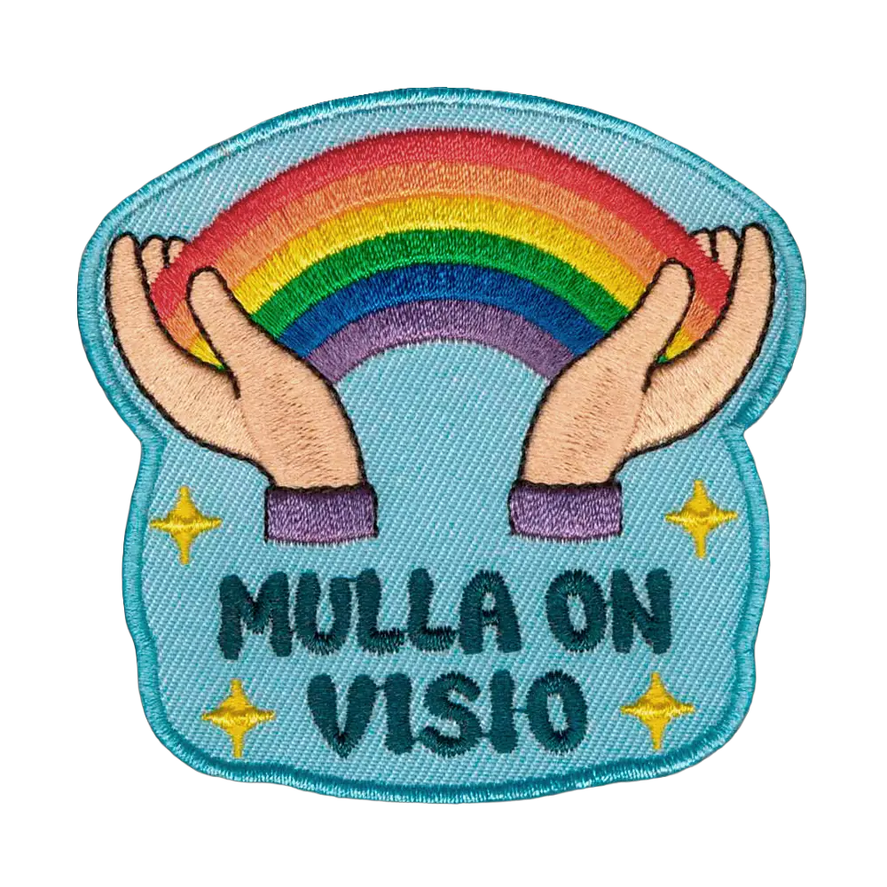 Brodeerattu kangasmerkki, sateenkaari.