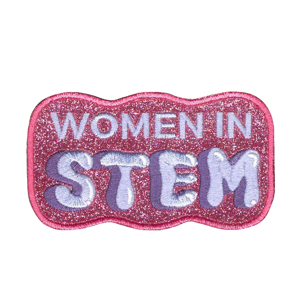 Brodeerattu k angasmerkki, giltter, teksti: Women in stem.